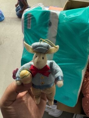 Plush Bunny Ornament in Light Blue and Cream with Red Bow